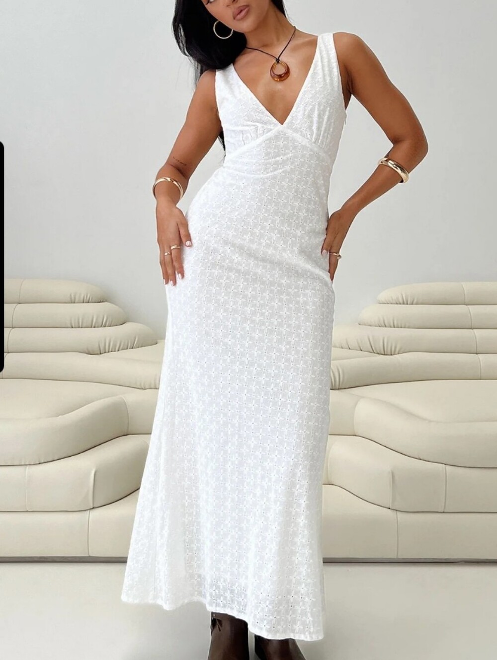 Princess Polly White V-Neck Eyelet Maxi Dress